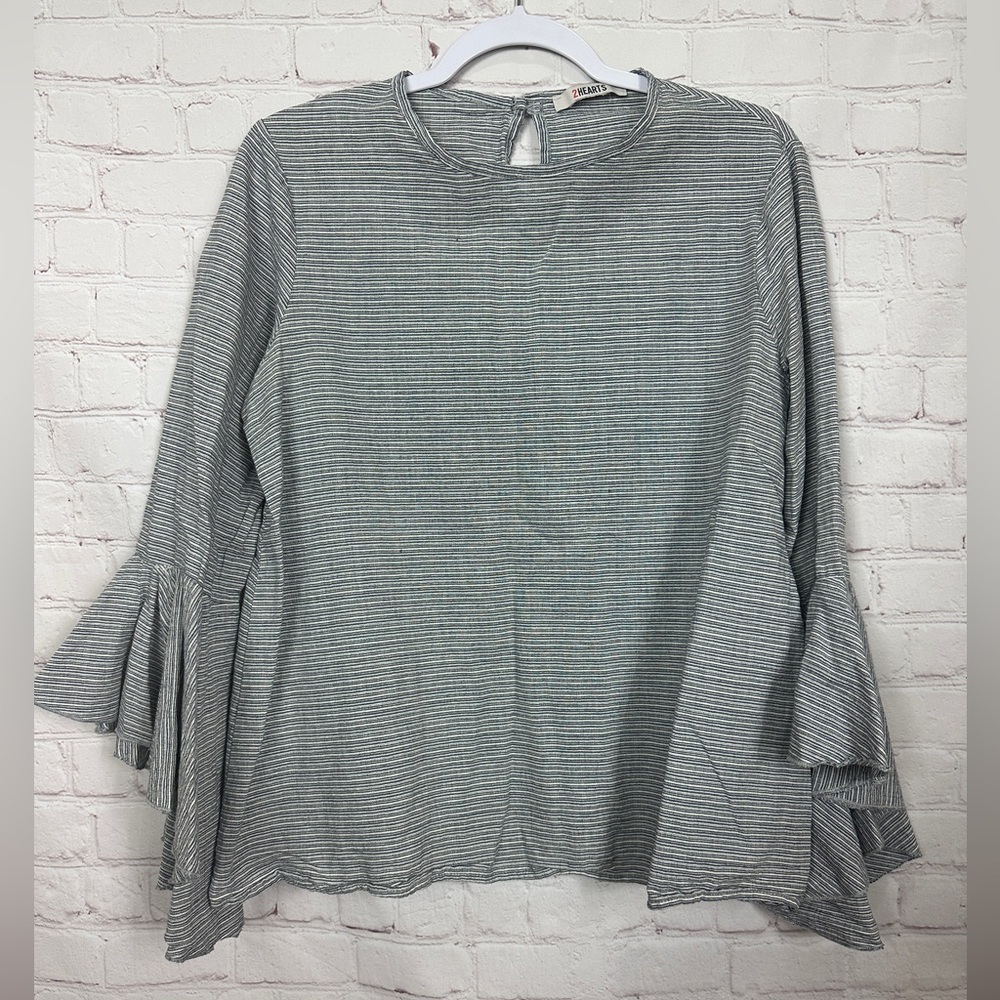2 Hearts striped 3/4 flounce sleeve blouse top shirt sz M